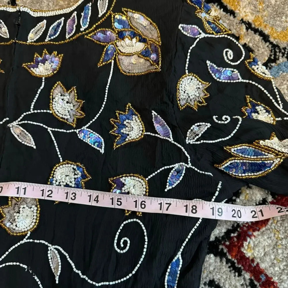 Vintage 80s Stenay Womens Blouse Top Size XL Black 100% Silk Beaded Floral Zip - Picture 9 of 10